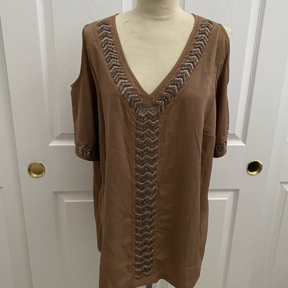 Denim 24/7 Tan Blouse with Beaded Details